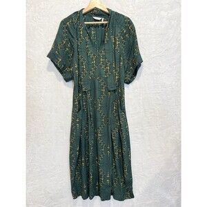 TOAST Bryn Midi Dress Pockets Green Navigation Print Floral Crepe Large